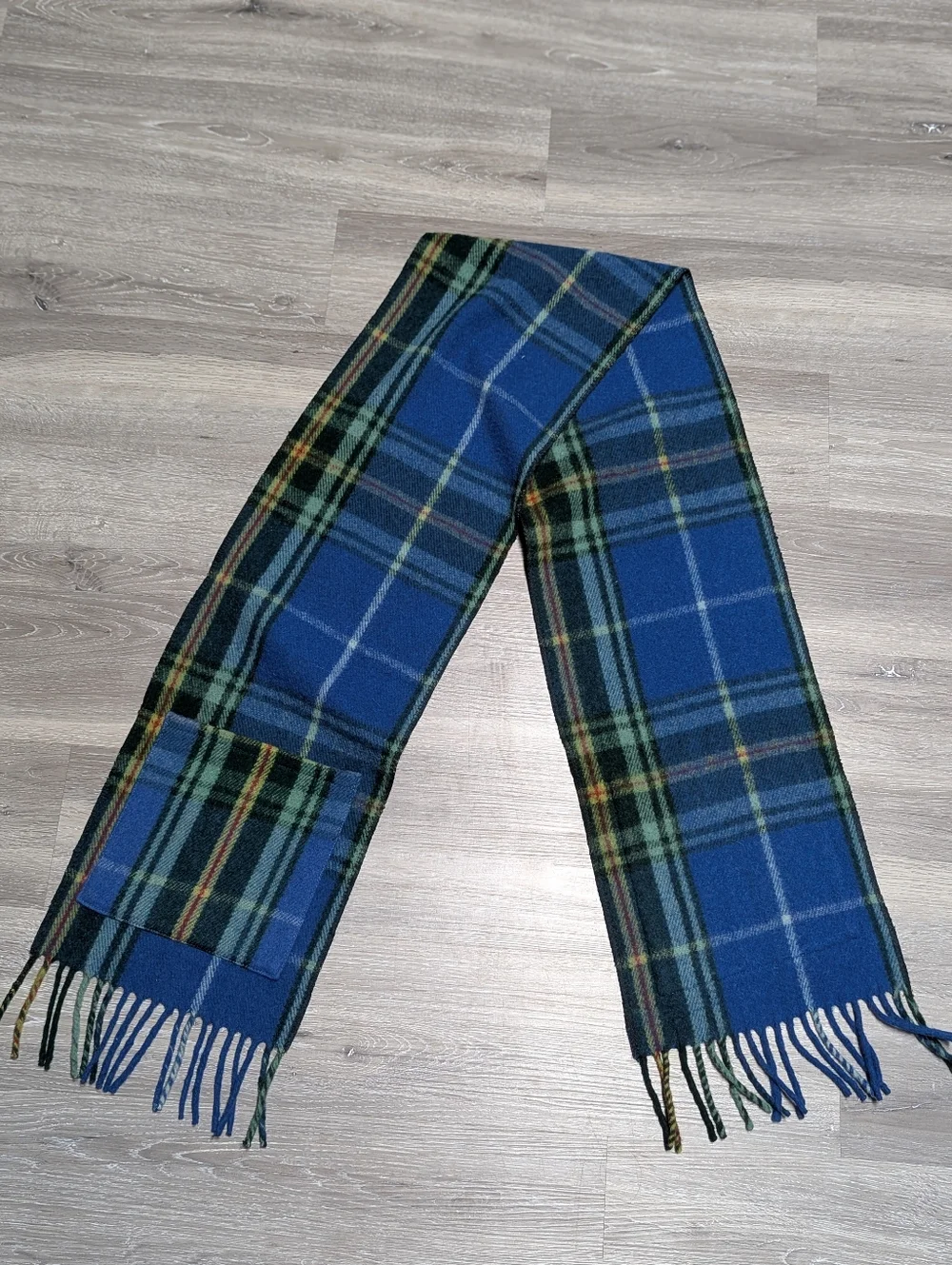 Patrick King Merino Wool Mens Scarf Blue Plaid Tartan Pockets